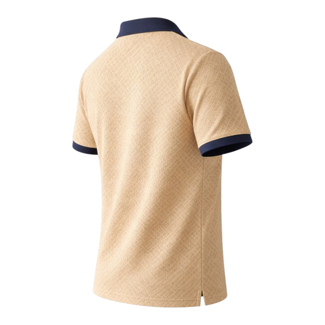 Twice Upon A Clothesline Men's Textured Polo Shirt Beige & Navy Blue Regular Fit Medium (M)