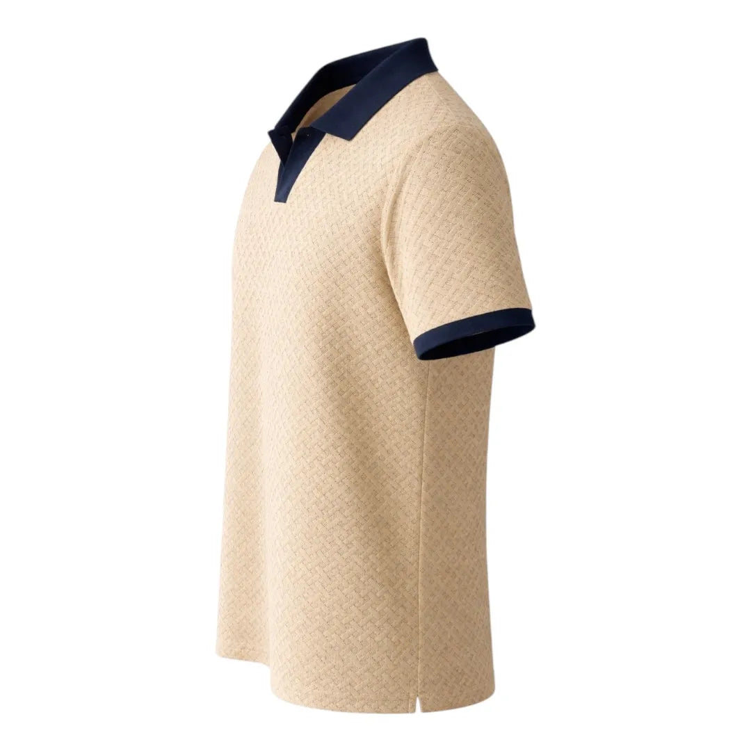 Twice Upon A Clothesline Men's Textured Polo Shirt Beige & Navy Blue Regular Fit Medium (M)