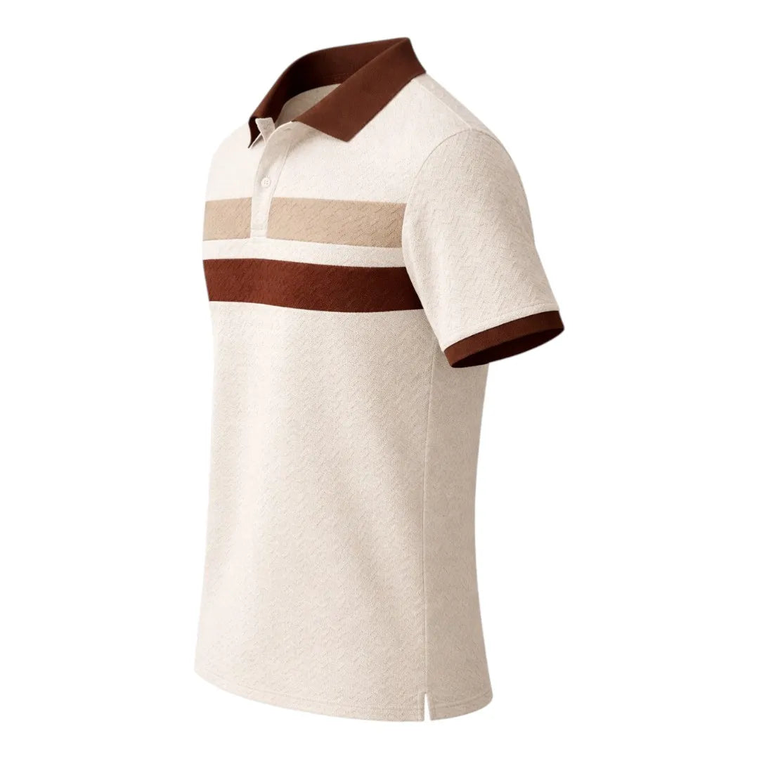 Twice Upon A Clothesline Men's Textured Striped Polo Shirt Cream & Brown Regular Fit Medium (M)