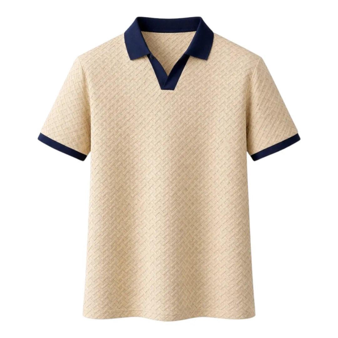 Twice Upon A Clothesline Men's Textured Polo Shirt Beige & Navy Blue Regular Fit Medium (M)
