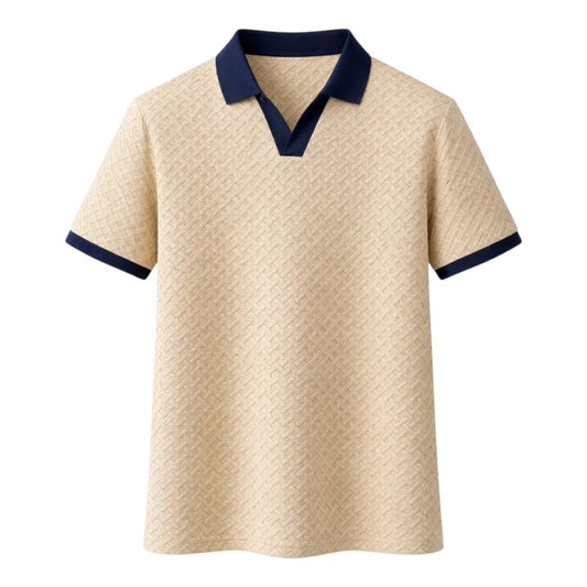 Twice Upon A Clothesline Men's Textured Polo Shirt Beige & Navy Blue Regular Fit Medium (M)